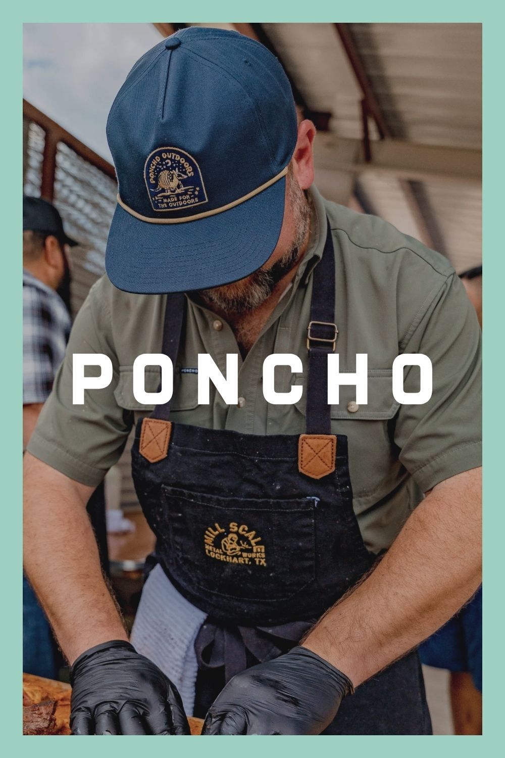 Poncho logo over image of man with Poncho Original Button Up Shirt and Armadillo Hat