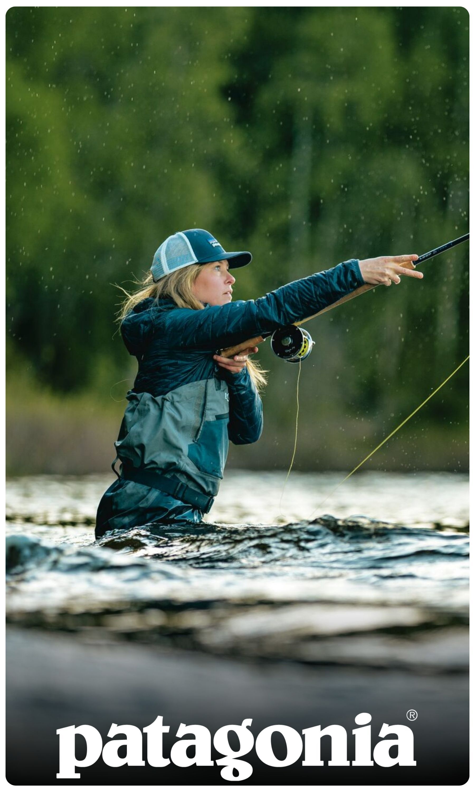 Patagonia logo, woman fishing
