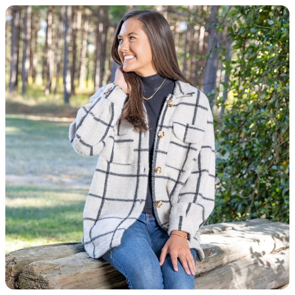 Woman wearing Z-Supply Plaid Tucker Jacket