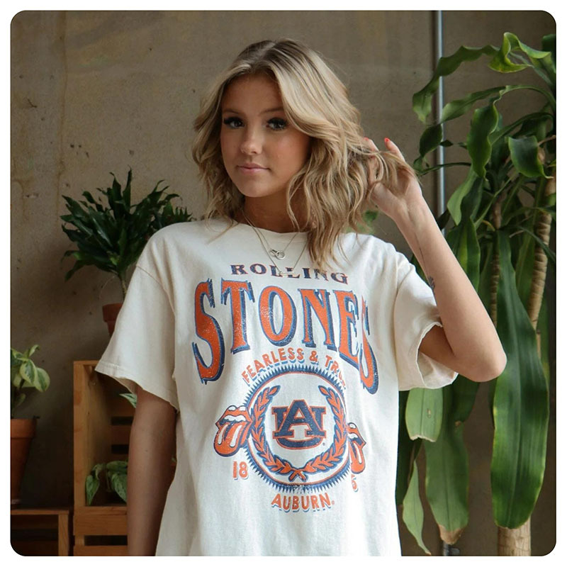 Young woman wearing a LivyLu Vintage Auburn Rolling Stones T-Shirt