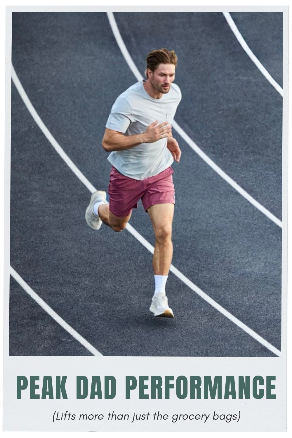 Photo of man running. Text: Peach dad performance (lifts more than just the grocery bags)