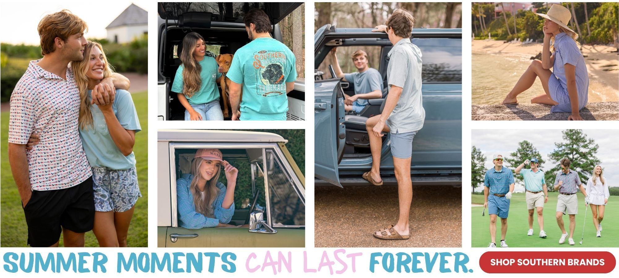 6 photo collage with text, Summer Moments Can Last Forever. Shop Southern Brands.