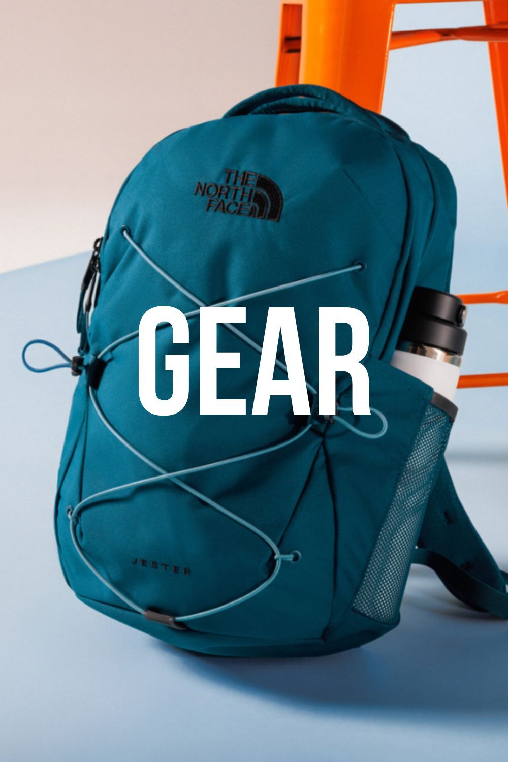 The North Face backpack with text, "Gear," over it