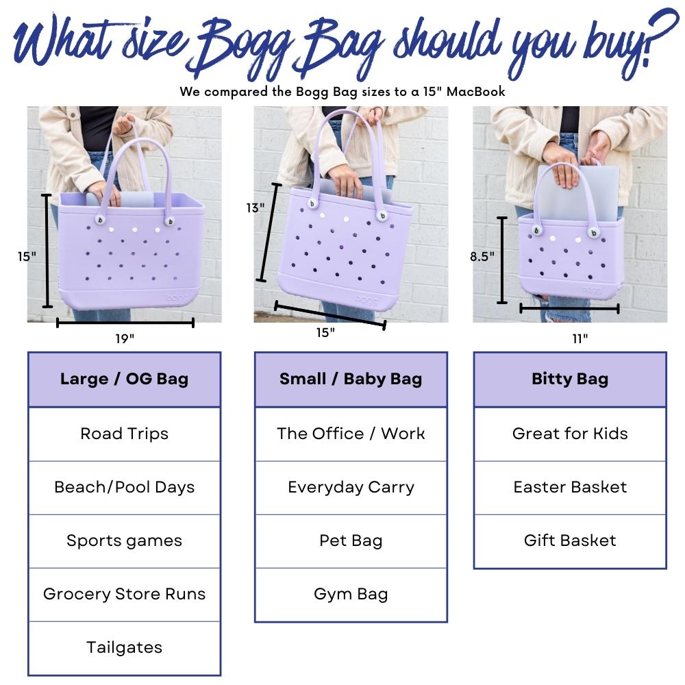 A diagram and size comparison between the Large Bogg Bag, Small Baby Bogg Bag, and the Bitty Bag. With suggestions of what each size bag is ideal for.