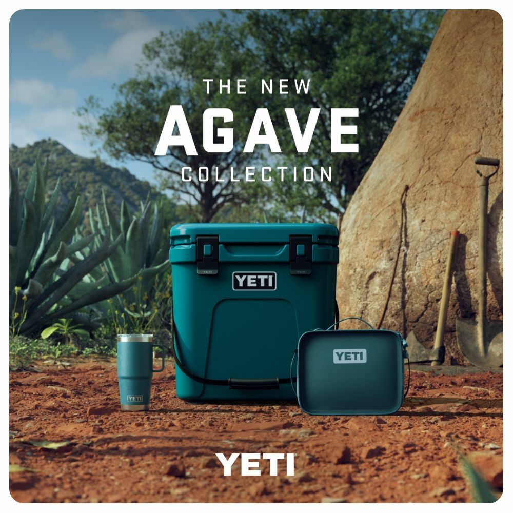 The Agave Collection from Yeti. Image features an Agave Teal Yeti Cooler with a lunch box and tumbler next to it in the fields of Agave country in Mexico.