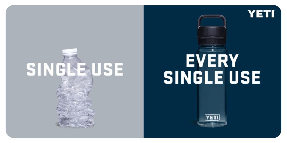 Image of a single use plastic bottle and picture of every single use Yeti water bottle.