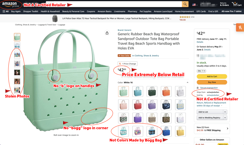 Picture of website that is selling fake Bogg Bags.