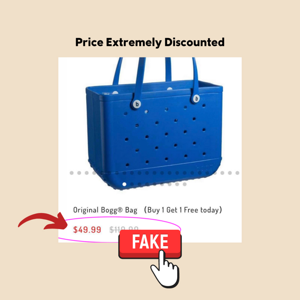 Picture of a fake Bogg Bag with extremely low pricing.