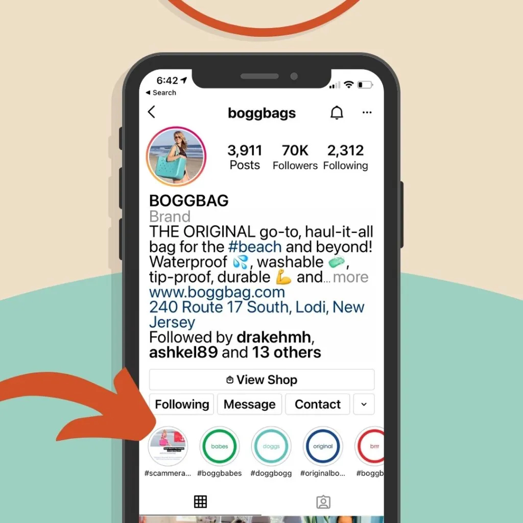 Picture of a cell phone and Bogg Bags official Instagram Page showing how to report a scam.