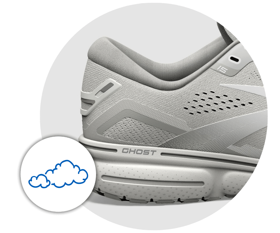 Side of grey Brooks shoe with Ghost on the sole and a cloud icon.