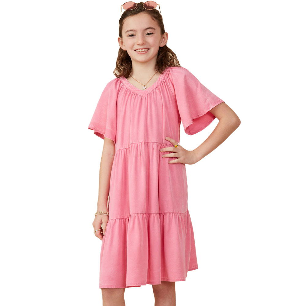 Girls' Hayden Washed Tencel V Neck Short Sleeve Tiered Dress