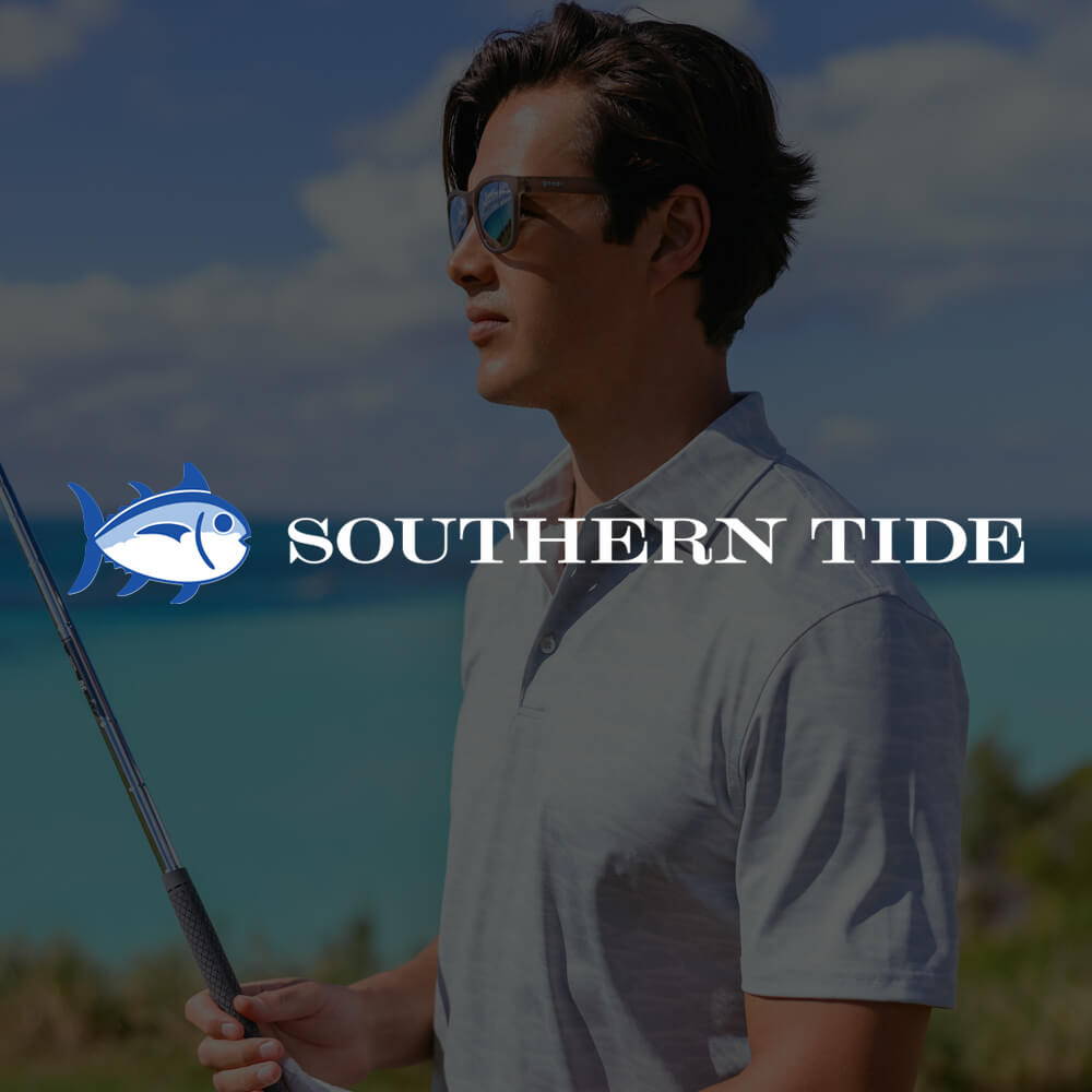 Southern Tide logo over a picture of a man holding a golf club wearing a Southern Tide polo shirt.