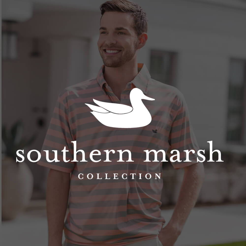 Southern Marsh logo over a man wearing a striped grey and pink Southern Marsh performance polo.