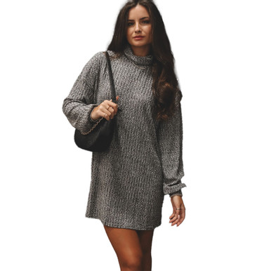 tiered mini dress with sleeves Black Mock Neck Tiered Mini Dress