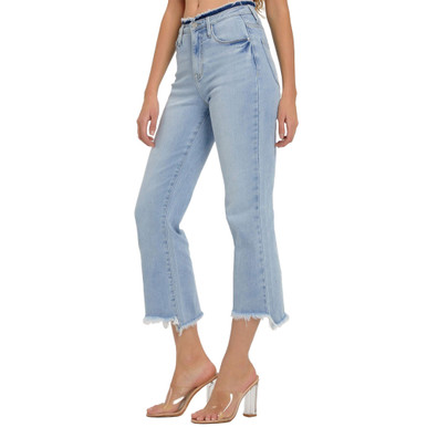 High Rise Distressed Hem Crop Flare Jeans