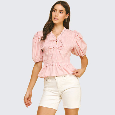 Women's Pinch Front Tie Shirring Blouse - Soft Pink | Eagle Eye