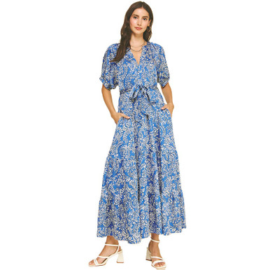 Women's Pinch Damask Tiered Maxi Dress - Deep Blue | Eagle Eye Outfitters