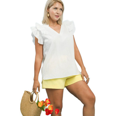 Women's Umgee V Neck Ruffle Sleeve Top - Off White | Eagle Eye