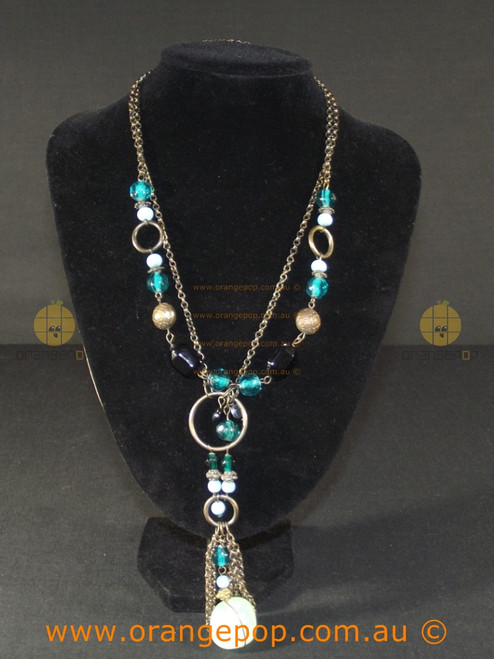 Blue, green and black toned mixed charm necklace