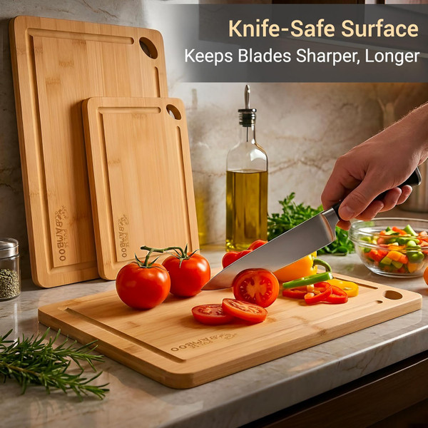 Pulse Bamboo natural bamboo cutting boards on kitchen countertop with fresh vegetables and fruits, showcasing eco-friendly bamboo, durability, and modern kitchen style