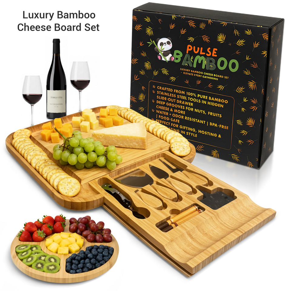 Bamboo charcuterie board set by Pulse Bamboo featuring premium bamboo board, matching accessories, and gift-ready packaging for entertaining and hosting