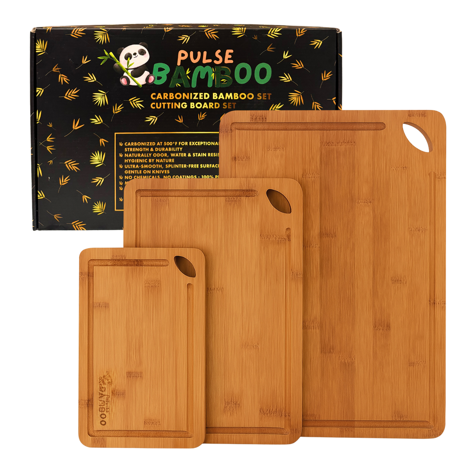 Premium carbonized bamboo cutting board set by Pulse Bamboo featuring multiple board sizes with smooth edges and rich dark bamboo finish