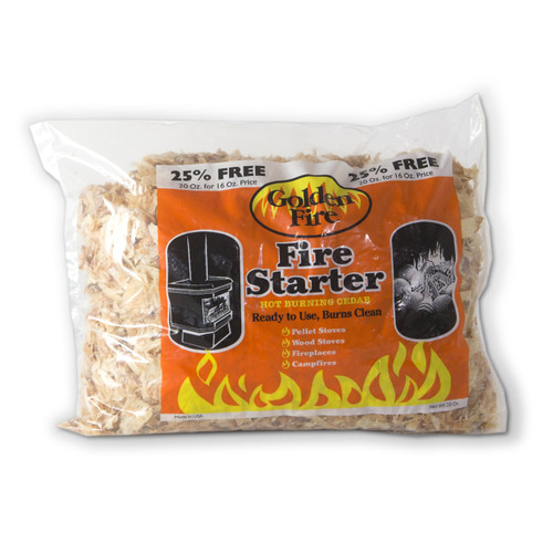 Golden Fire Starter Shavings in a 20 oz. resealable, recyclable bag, showcasing the product's natural cedar composition Golden Fire Starter Shavings in a 20 oz. resealable, recyclable bag, showcasing the product's natural cedar composition