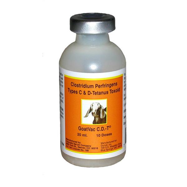 A vial of GoatVac C.D.-T vaccine, labeled for use in goats, sheep, and cattle, with dosage instructions