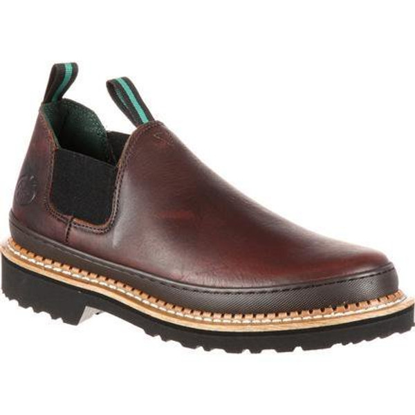 Georgia Giant Men's Romeo Work Shoe in black full-grain leather, featuring a slip-on design with elastic gores and finger pulls.
