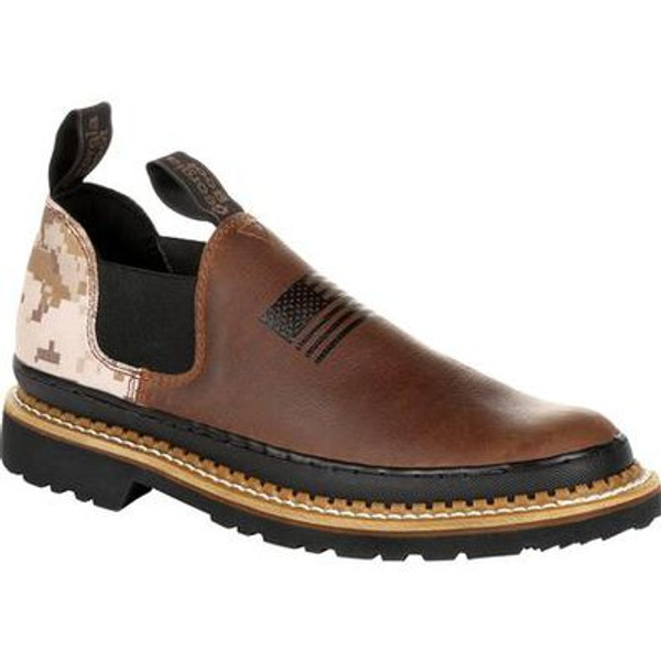 Georgia Boot Men's Desert Camo Romeo Work Shoe  featuring a full-grain leather vamp with an embossed American flag and desert camo nylon heel