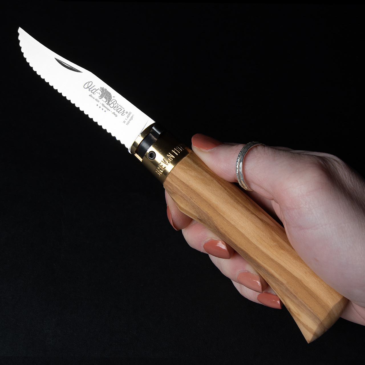 Antonini Old Bear Olive Serrated Folding Knife Large