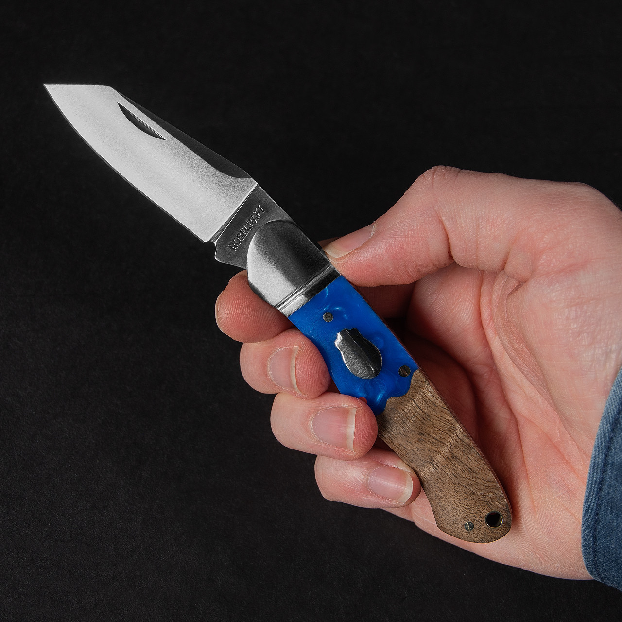 Rosecraft Ocoee River Kayak Blue Resin Wood Folding Knife