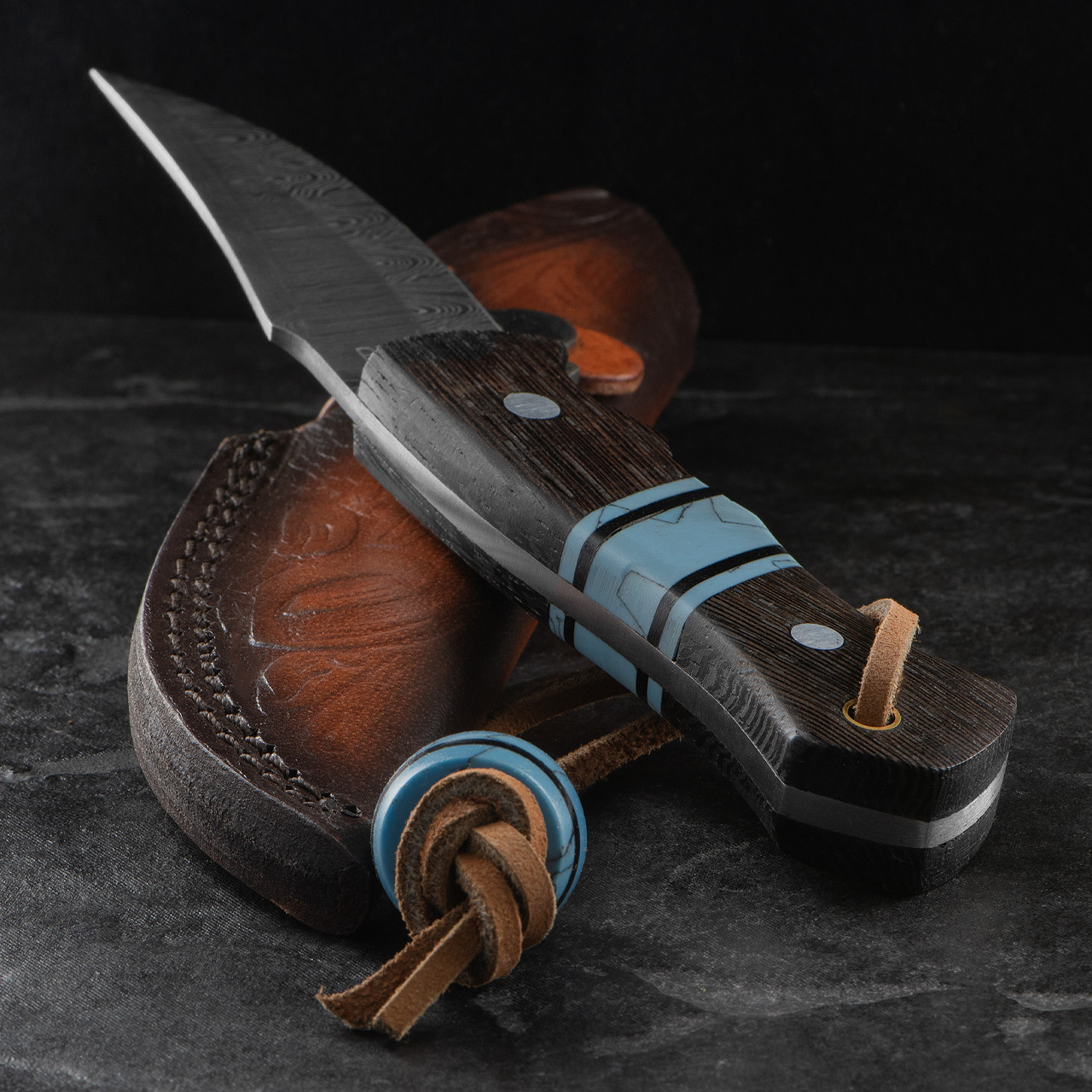 Rough Ryder Wengue Wood Stonework Damast Fixed Blade