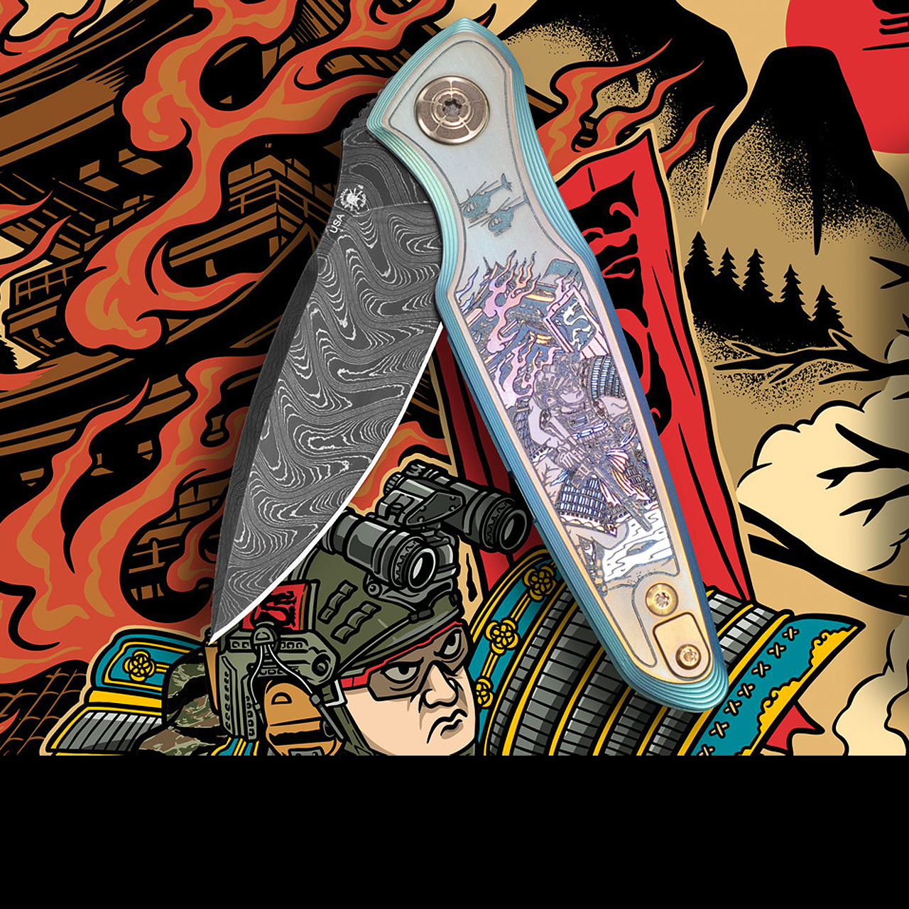 Spartan Pandia Stonewashed Ronin Fire Damast Folding Knife