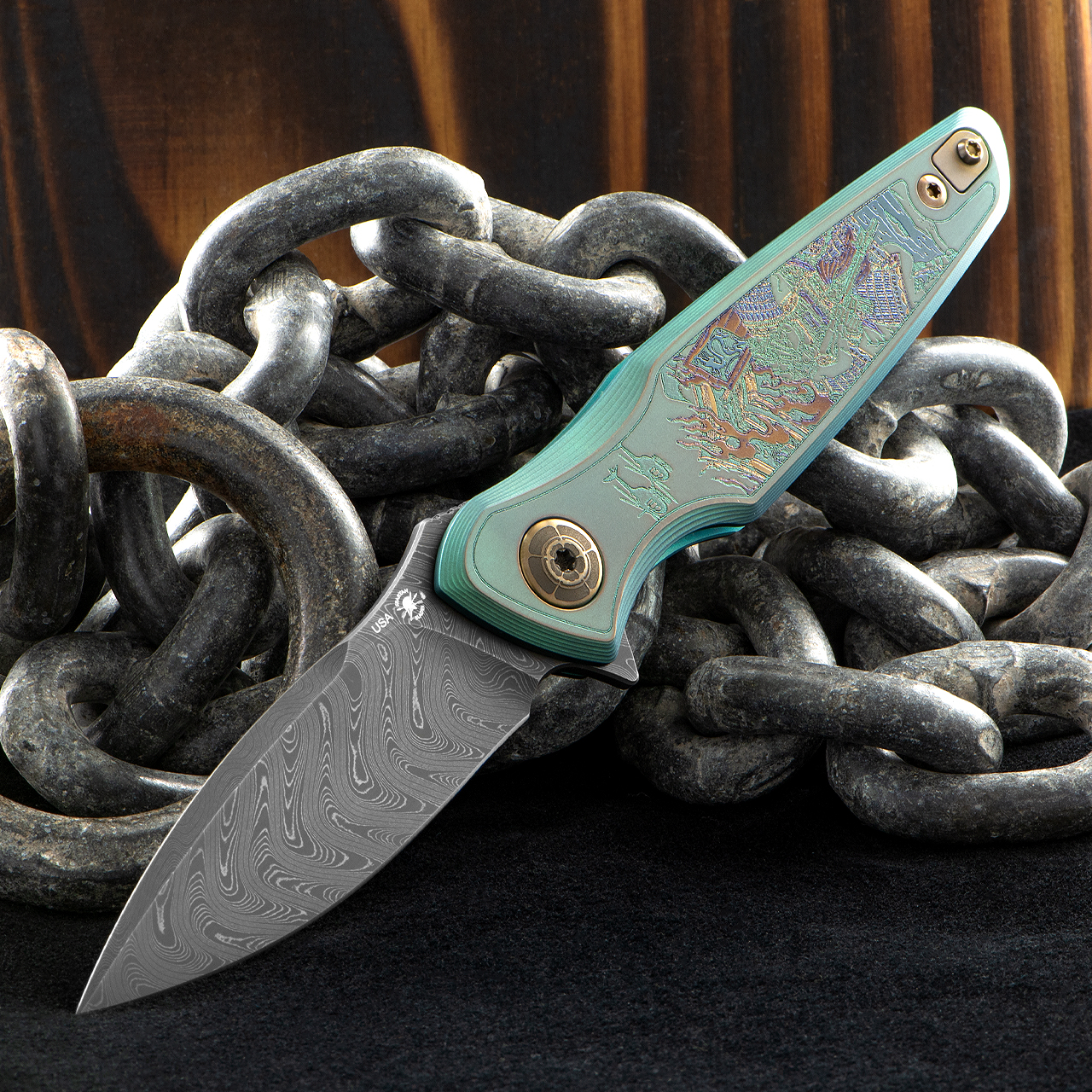 Spartan Pandia Stonewashed Ronin Fire Damast Folding Knife