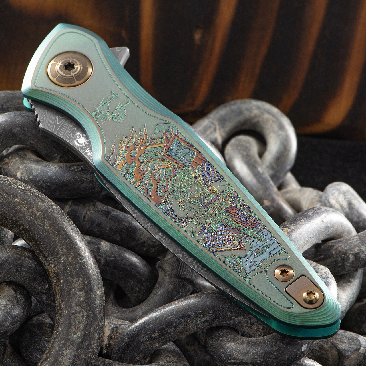 Spartan Pandia Stonewashed Ronin Fire Damast Folding Knife
