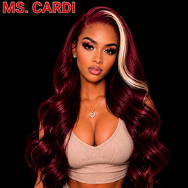 99J/613 Burgundy Red Ombre Blonde Highlight Brazilian Remy 200% Density 28" Body Wave 100% Human Hair