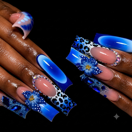 24 pcs Blue Leopard Print French Coffin Fake Nail Set