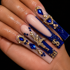 Blue Gold Long Coffin Press-On Nails