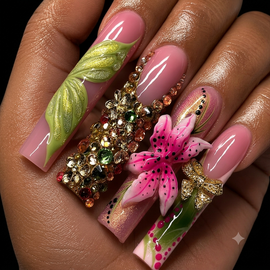 24pcs Pink Green French Coffin Fake Nail Set