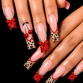 24pcs Leopard Print Red Abstract Diamond French Coffin Fake Nail Set