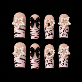 24pcs Tiger Leopard Print Pink French Long Coffin Fake Nail Set