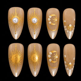 24 pcs White Metallic Gold Pearl Short Almond Fake Nail Set