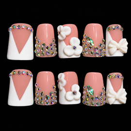 10 pcs White Flower & Bow Diamond Duck Bill Fake Nail Set
Available in Size: Large