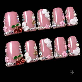 Flower Bow Cherry Diamond Duck Bill Fake Nail Set
Available Size: Medium