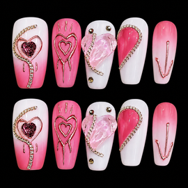 10 pcs Pink Heart Imprinted Diamond Long Coffin Fake Nail Set
Available Size: Medium