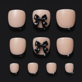 24 pcs Black French Bow Short Square Fake Toe Nail Set