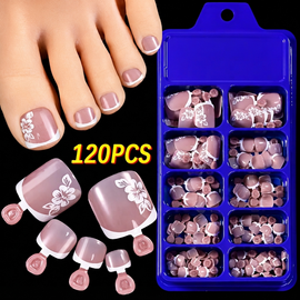 120 pcs Multi-Use White French Flower Short Square Fake Toe Nail Set