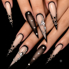 24pcs Long Stiletto Black Ombre Diamond Design Press-On False Nails