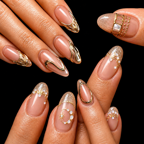 24pcs White Metallic Pearl Short Almond Fake Nail Set
